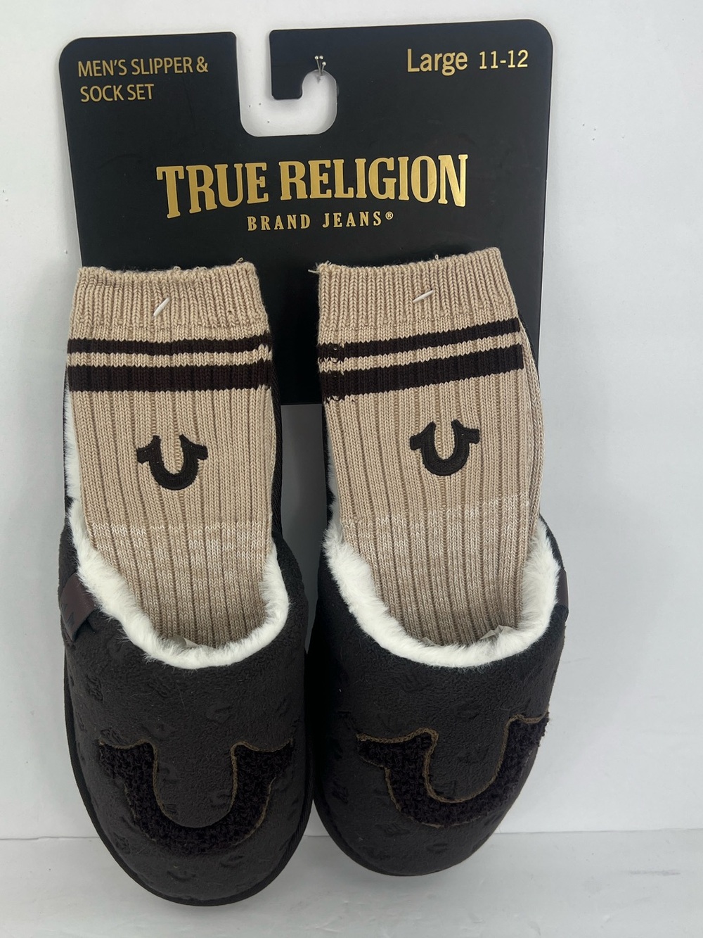 TRUE RELIGION HORSESHOE HOUSE SLIPPERS & MATCHING SOCKS BROWN SIZE LARGE 11-12